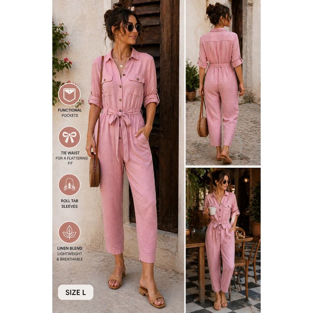 ModCloth Pink Linen Blend Jumpsuit L Button Front Tie Waist Tapered Leg Romper